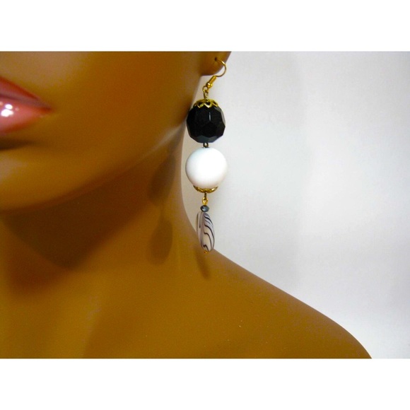 Mega White Black Retro style vintage Beaded Crystal accent 3 inch Drop Earrings - Picture 5 of 8